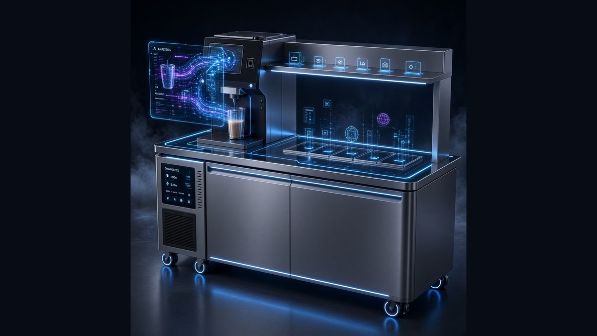 Smart beverage workstation prototype, front view with touchscreen menu — hardware shown as supplied